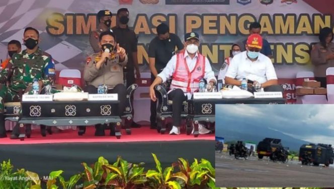 Menhub RI, Budi Karya Sumadi, di dampingi Dirjen HUbrat Budi Setyadi, dan Danrem 162/WB Brigjen TNI Ahmad Rizal Ramdhani saksikan simulasi pengamanan IATC dan WSBK, yang digelar di eks Bandara Selaparang, Kamis (11/11/2021), FOTO : PENREM 162/WB