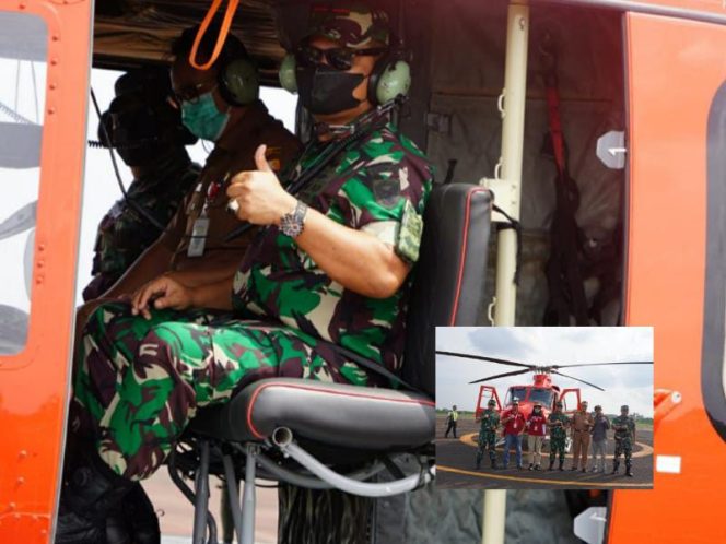 Danrem Brigjen TNI Supriono melaksanakan patroli udara menggunakan helikopter memantau daerah yang sering terjadi kebakaran hutan dan lahan di wilayah Provinsi Jambi, khususnya di wilayah Kabupaten Tanjab Timur dan Muarojambi, Selasa (22/2/2022). FOTO : PENREM 042/GAPU