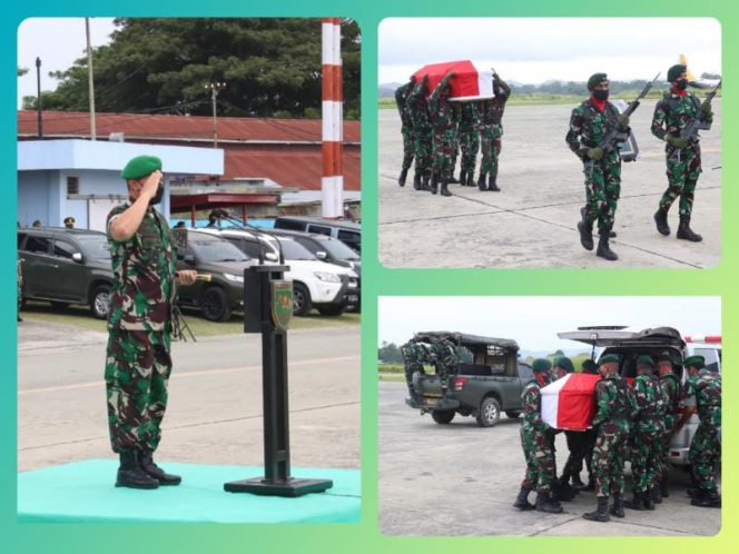 Pangdam XVII/Cenderawasih Mayjen TNI Teguh Muji Angkasa, S.E., M.M., memimpin upacara pengantaran jenazah Kepala Badan Intelijen Nasional (Kabinda) Papua Mayjen TNI Abdul Haris Napoleon berlangsung di Lanud Silas Papare Sentani, Jayapura. Selasa (15/2/2022). FOTO : PENDAM IXVII/CENDERAWASIH