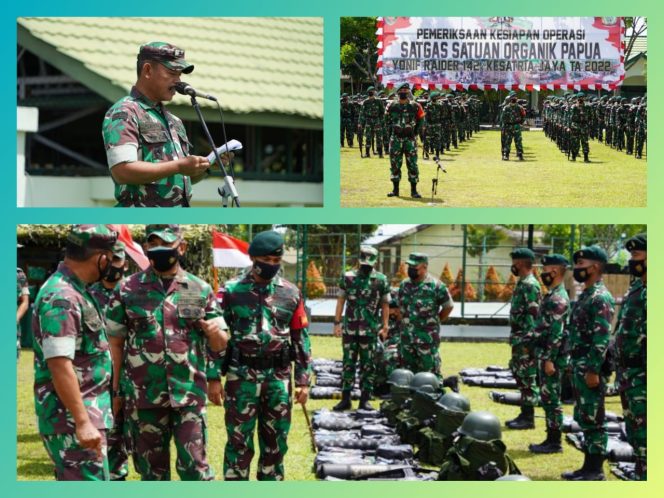 Kapoksahli Pangdam Sriwijaya Brigjen TNI Muchamad Bayu Haritomo.,S.H., Cek Kesiapan Operasi Satgas Satuan Organik Papua Di Yonif R 142/KJ, Senin (7/2/2022). FOTO : PENREM 042/GAPU