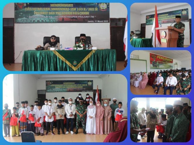 Foto kegiatan Kodim 0415/Jambi saat memperingati Isra Mi’raj Nabi Muhammad SAW 1443 H/2022 M di Aula Serba Guna Makodim 0415/Jambi.**