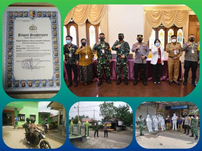 Foto Babinsa Kelurahan Payoselincah Kec. Palmerah, Koramil 415-11/Jambi Timur, Sertu Edi Sujono bersama Tripilar Kelurahan Payoselincah Kec. Palmerah Kota Jambi Prov. Jambi Bersama Panglima TNI Marsekal TNI Hadi Tjahjanto (saat itu) Kapolri Jenderal Polisi Listyo Sigit Prabowo, M, Si., saat menerima penghargaan pada bulan Juni 2021 lalu serta kegiatan dalam penanganan Covid 19 di wilayahnya. (**)