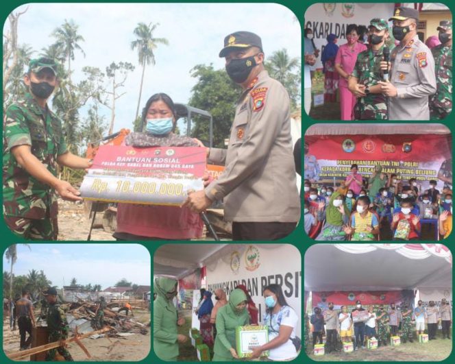 Danrem 045/Garuda Jaya Kolonel Inf Ujang Darwis MDA bersama dengan Kapolda Babel Irjen Pol Drs Yan Sultra Indrajaya., S.H salurkan langsung bantuan TNI-Polri kepada korban Bencana Alam Puting Beliung Desa Kbintik Kecamatan Pangkalanbaru Bangka Tengah (FOTO/PENREM GAYA)