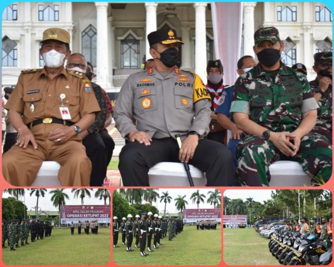 Kasrem 042/Gapu Kolonel Inf M Yamin Dano mengikuti Apel Gelar Pasukan Operasi Ketupat 2022 yang digelar di lapangan kantor Gubernur Jambi, Jumat (22/04/2022)./ FOTO : PENREM GAPU