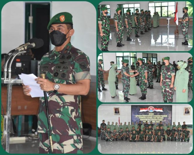 Komandan Korem 044/Gapo Brigjen TNI M. Naudi Nurdika S.I.P M.Si M.Tr (Han) pimpin acara Korp Raport Kenaikan Pangkat Perwira, Bintara dan Tamtama Periode 1 April 2022 (FOTO/PENREM GAPO)