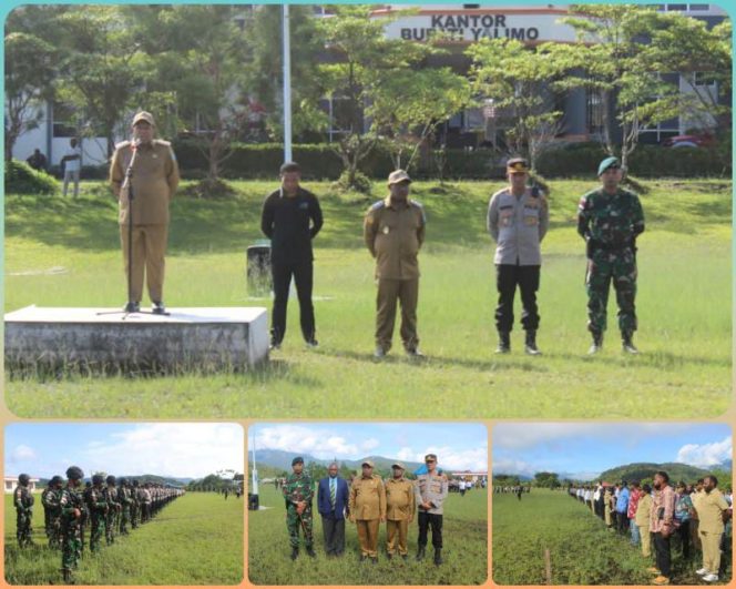 Satgas Yonif Raider 142/KJ Ikuti Apel Gabungan TNI/Polri dan ASN Pemkab Yalimo/ FOTO : Pensatgas Yonif 142