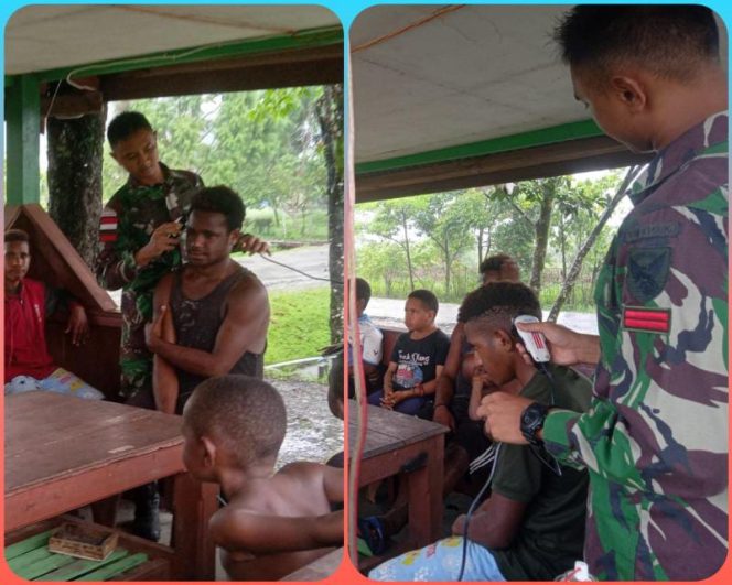Satgas Pamtas Yonif R 142 Cukur Rambut Warga di Pos Kotis Elelim./ FOTO : PEN SATGAS YONIF R 142