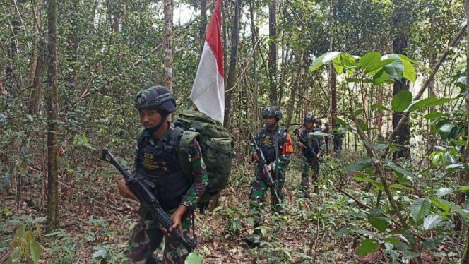 Satgas Pamtas RI-PNG Yonif 123/Rajawali melaksanakan patroli patok perbatasan negara di sepanjang perbatasan selatan Papua tepatnya di wilayah Kabupaten Merauke (FOTO/PENDAM CENDERAWASIH)