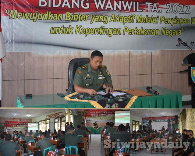 Korem 042/Gapu menggelar Sosialisasi tingkat Korem Bidang Wanwil TA. 2022 di Aula Kompi Bantuan Yonif R 142/KJ, Jambi Rabu (18/05/2022)./ FOTO : PENREM042GAPU
