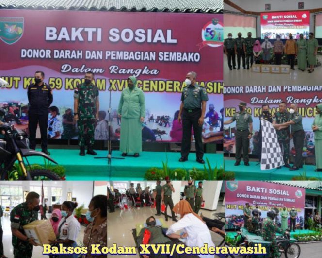 Kodam XVII/Cenderawasih berkerja sama dengan PMI Jayapura menggelar kegiatan bakti sosial  donor darah dan pembagian Sembako (Sriwijayadaily/Pendam Cenderawasih)