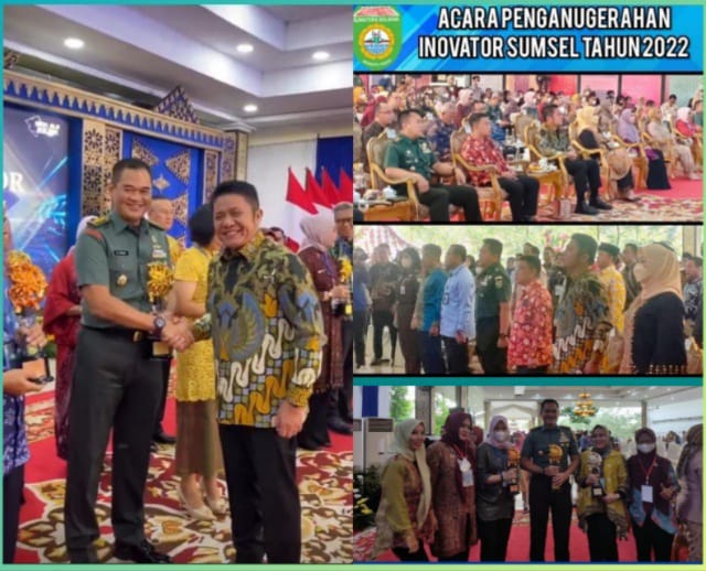Kasrem 044/Gapo Kolonel Inf M.Tohir mewakili Danrem 044/Gapo Brigjen TNI M. Naudi Nurdika, S.I.P., M.Si., M.Tr (Han) saat menerima penghargaan Terbaik - I Bidang Inovasi Terfavorit Tayangan One Day One Innovation pada acara penganugrahan Inovator Sumatera Selatan tahun 202 dari Gubernur Sumsel H. Herman Deru S.H., M.M/ FOTO : IST