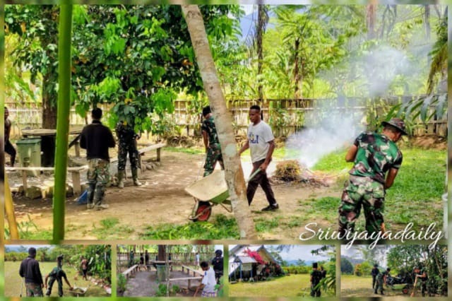 Satgas Yonif Raider 142/KJ Karya Bhakti Bersihkan Gereja