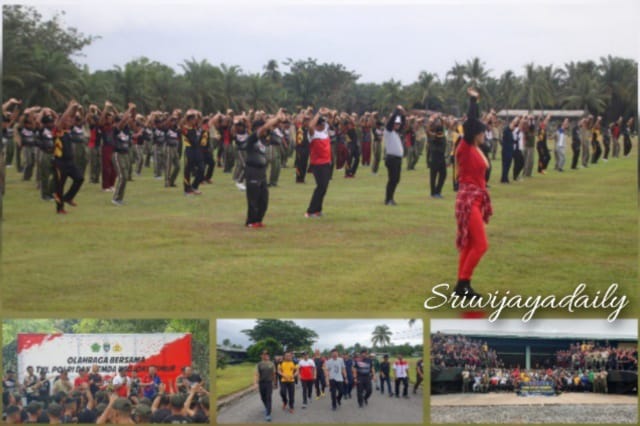 Jalin Sinergitas, Prajurit Yonarmed 15/105 Chailendra Bersama Polri Dan Pemda Serta Masyarakat Oku Timur Laksanakan Senam Skj '88