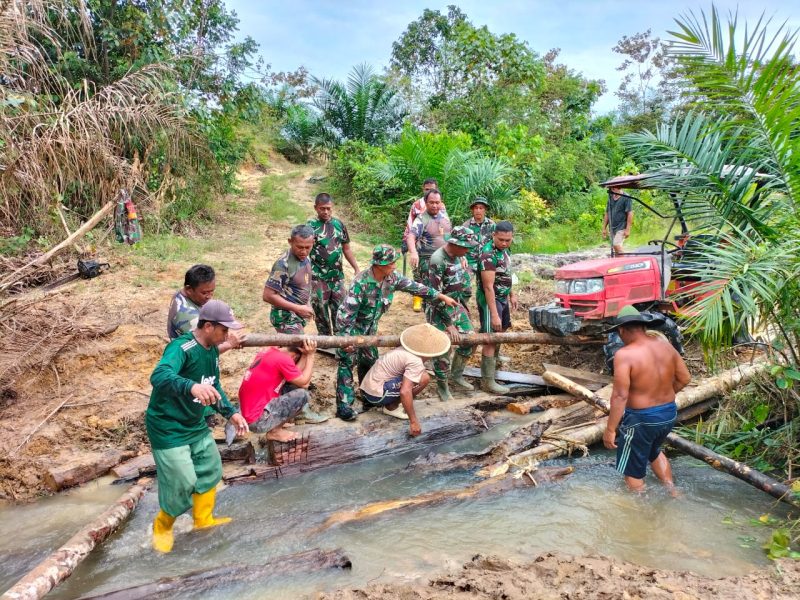 Babinsa Koramil 03/MT Gotong Royong Bersama Warga Bangun Jembatan Darurat/ FOTO : Dok. dimjbi