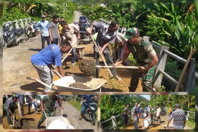Babinsa Pos Ramil Peusangan Selatan Kodim 0111/Bireuen melaksanakan gotong royong membantu masyarakat memperbaiki jalan di Desa Pulo Harapan Kecamatan Peusangan Selatan , Kabupaten Bireuen, Jumat (3/2/2023) lalu/ FOTO : Dok. Dispenad