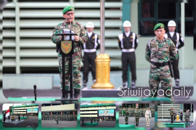 Panglima Kodam II/Sriwijaya Mayjen TNI Hilman Hadi, S.I.P., M.B.A., M.Han., memimpin Upacara Bendera 17-an bulan Pebruari 2023 bertempat di Lapangan Apel Makodam II/Sriwijaya Palembang, Jum'at (17/02/2023)./ FOT : Istimewa