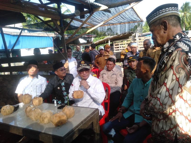 Wamentan Harvick Hasnul Qolbi didampingi Bupati H Anwar Sadat, Sekretaris Jenderal STII H Iqbal Sayuti dan H Husairi Staf Ahli Gubernur berbincang dengan Petani Kelapa Dalam di Tanjab Barat, Selasa (22/8/23) FOTO : LT/RED