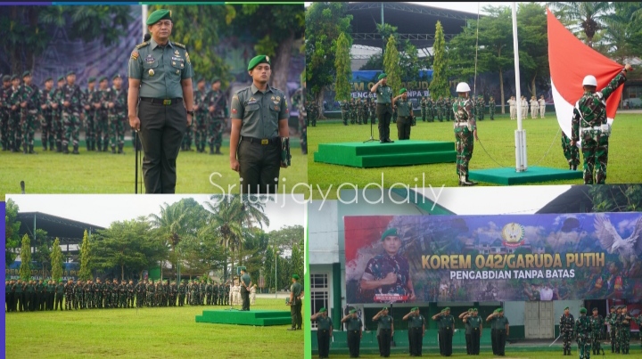 Kolonel Inf M. Imasfy, S.E., selaku Kasi Intel Kasrem 042/Gapu memberikan arahan yang tegas kepada seluruh personel Korem 042/Gapu saat upacara bendera di Jambi, Senin (26/6) 