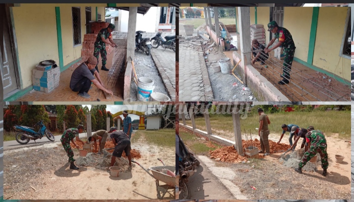 Babinsa dan Warga Gotong Royong Bangun Pagar Masjid Al Muta'Allimin di Desa Rantau Badak Lamo