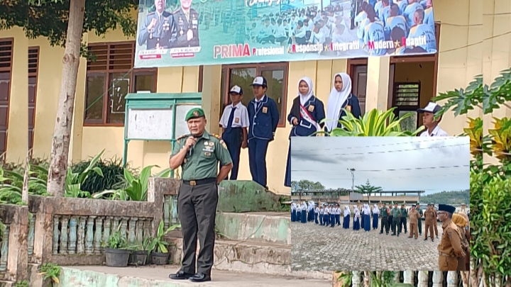 Danramil 417-02/Gunung Raya, Lettu Inf Welmaferi, bertindak sebagai Inspektur Upacara (Irup) pada kegiatan upacara bendera di SMP Negeri 3 Kerinci, Desa Lempur Tengah, Kecamatan Gunung Raya, Kabupaten Kerinci, Senin (16/12/2024)/Pendim Kerinci