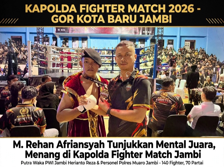 Putra Waka Bidang Pendidikan PWI Provinsi Jambi Herianto Reza dan personel Polres Muaro Jambi itu tampil berani, disiplin dan sportif di tengah 140 fighter dan ribuan penonton yang memadati GOR Kota Baru./red.